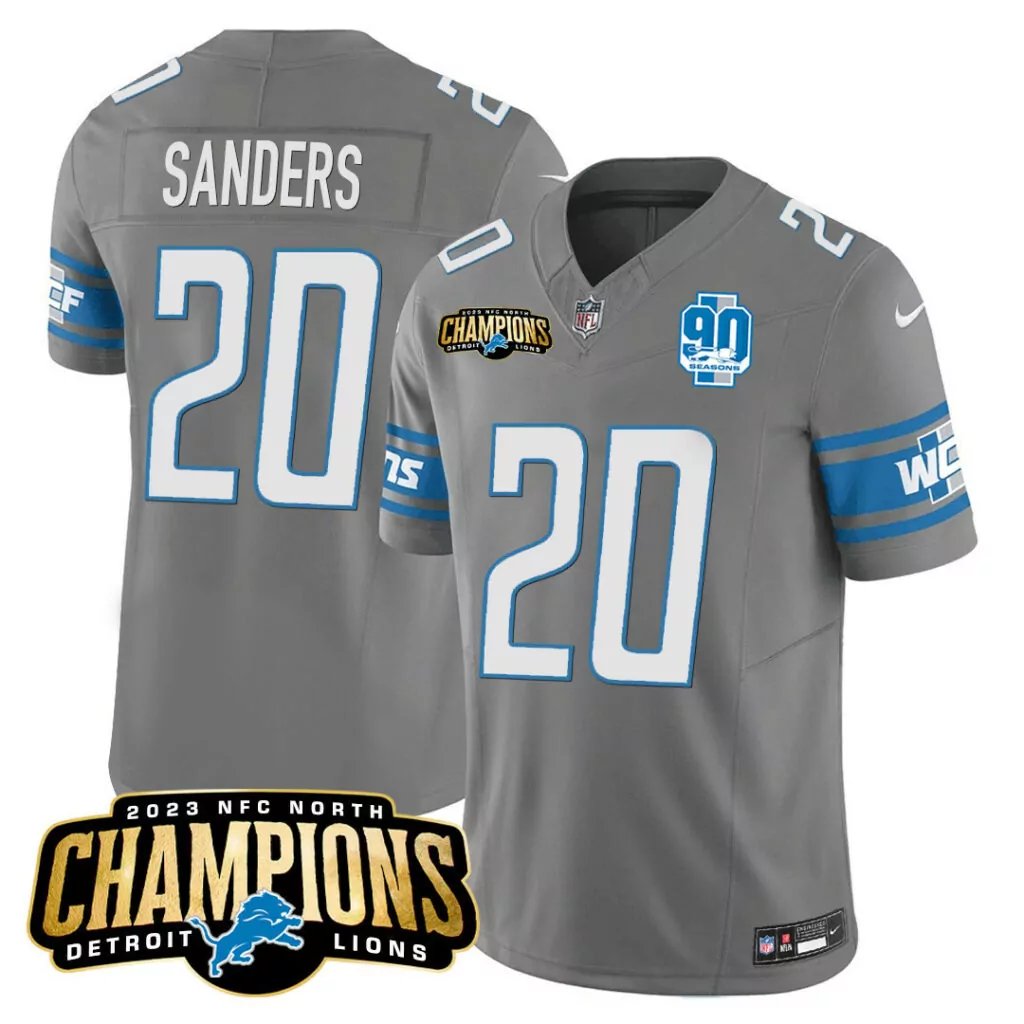 Barry Sanders 20 Detroit Lions Jersey Gray NFC North Champions 2023 90 Seasons Men