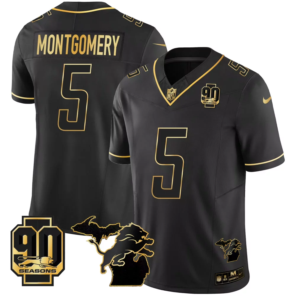 Montgomery 5 Detroit Lions Jersey Black 90th Anniversary 90 Seasons State Michigan 2023