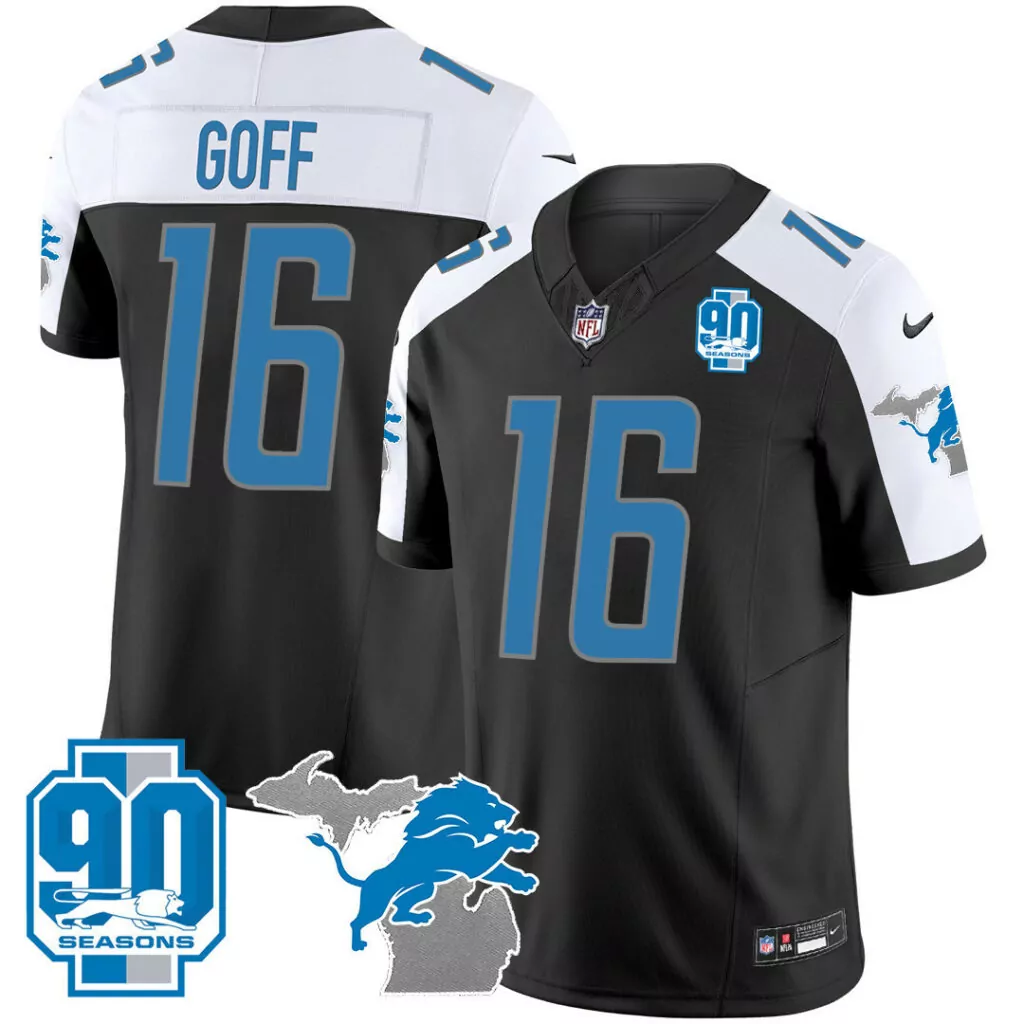 Jared Goff 16 Lions Jersey Black 90 Seasons Men Standard White Blue Alternate All