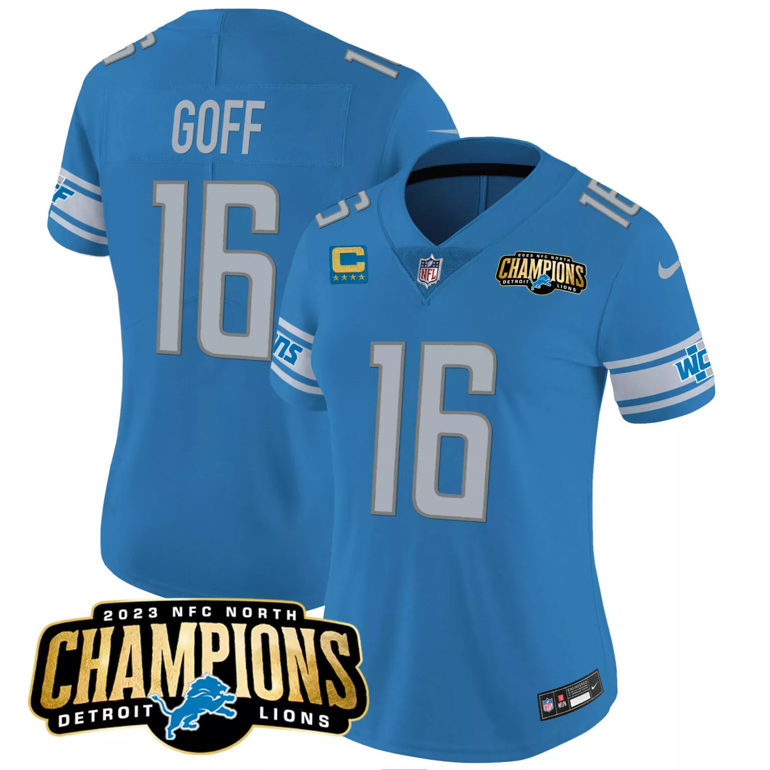Jared Goff 16 Detroit Lions Jersey Light Blue 2023 NFC North Champions Men Short Sleeve