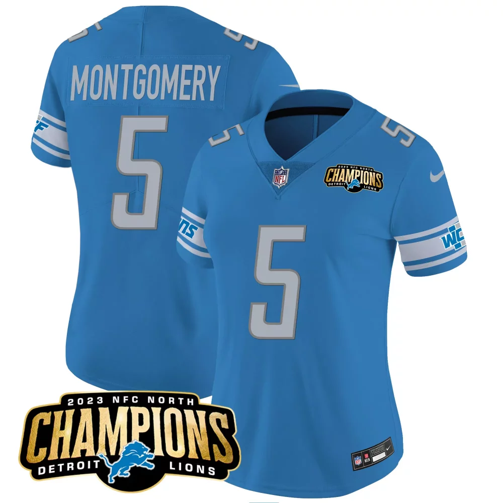 Montgomery 5 Detroit Lions Jersey Light Blue 2023 NFC North Champions Women NFL White