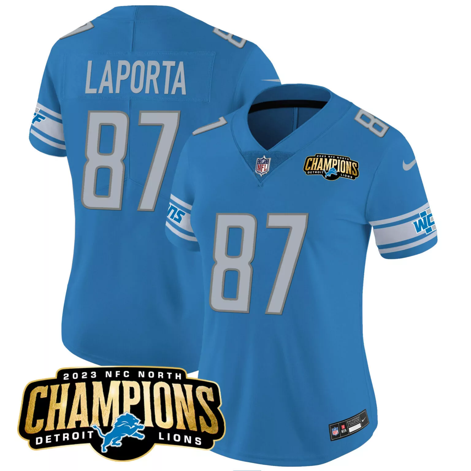 Sam Laporta 87 Detroit Lions Jersey Blue 2023 NFC North Champions Men Standard White