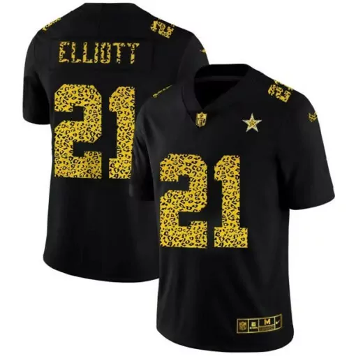 Ezekiel Elliott 21 Dallas Cowboys Jersey Black Leopard Print Men Custom Design Gold
