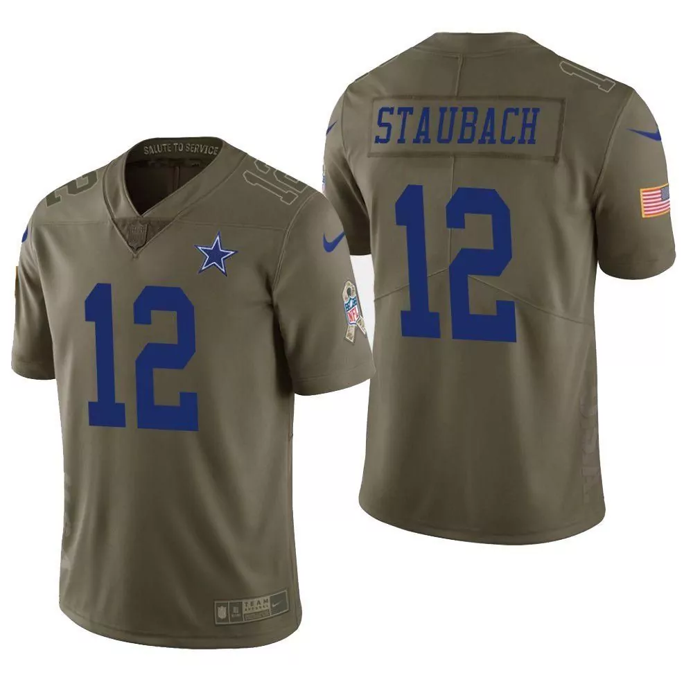Roger Staubach 12 Dallas Cowboys Jersey Olive Salute To Service American Flag Men