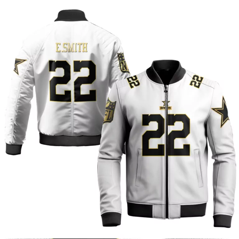 Emmitt Smith 22 Dallas Cowboys Jersey White Star Men Bomber Jacket Black Gold Throwback
