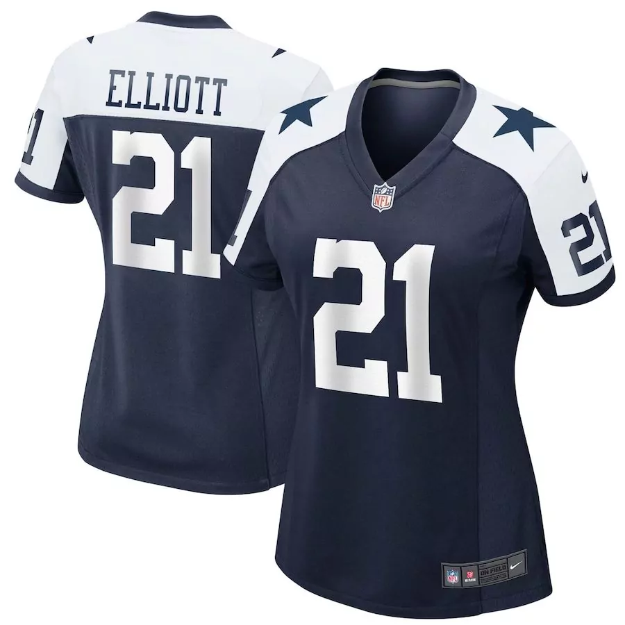 Ezekiel Elliott 21 Dallas Cowboys Jersey Navy Blue Women White Alternate Game