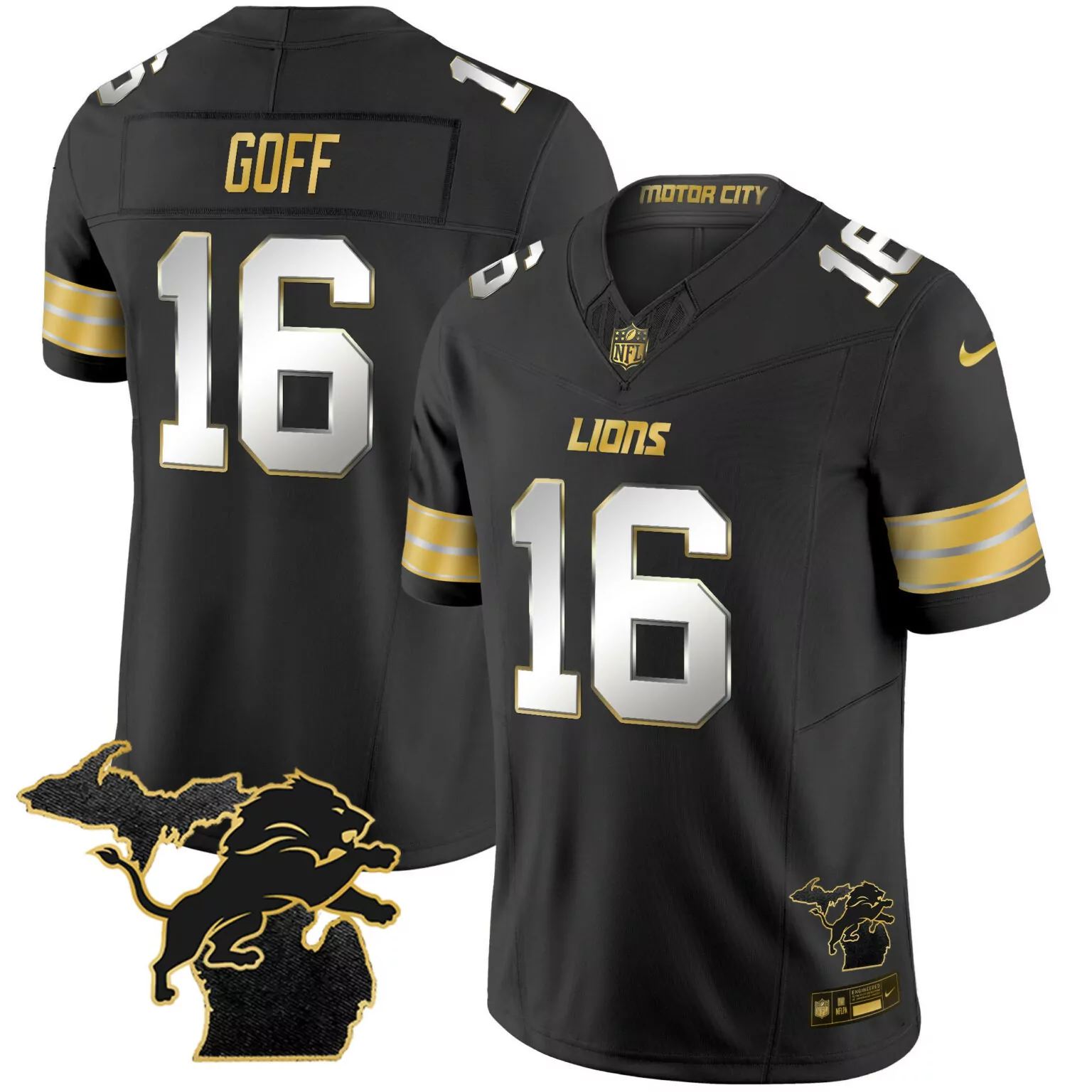 Jared Goff 16 Lions Jersey Black Men Gold Silver All Stitched