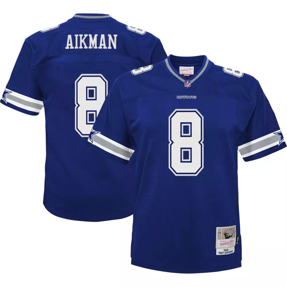 Troy Aikman 8 Cowboys Jersey Blue Mitchell & Ness 1996 Men White Silver Retired Legacy