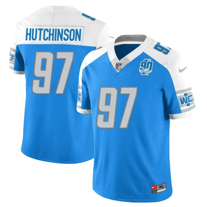 Aidan Hutchinson 97 Lions Jersey Blue 90th Anniversary Men Player Alternate White