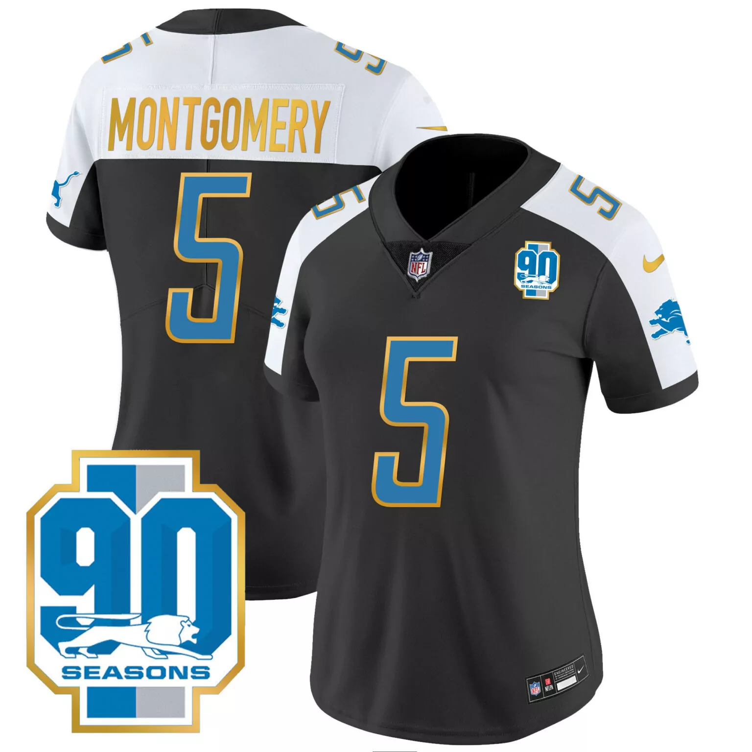 David Montgomery 5 Lions Jersey Black 90 Seasons Men Alternate White Blue Gold All