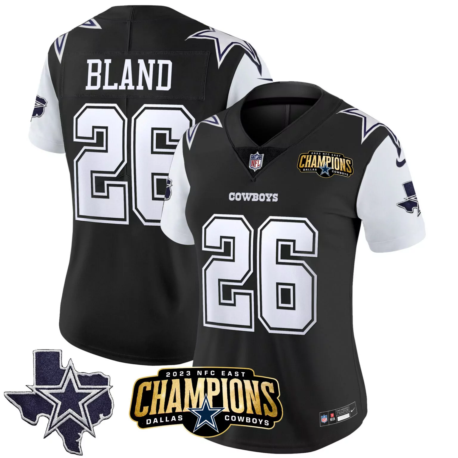 Daron Bland 26 Dallas Cowboys Jersey Black 2023 NFC East Champions Texas Shape Women