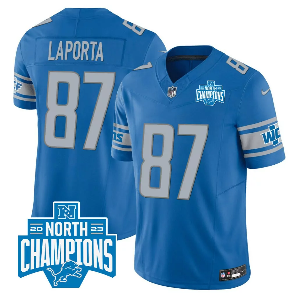 Sam Laporta 87 Detroit Lions Jersey Blue NFC North Champions 2023 Men Silver White