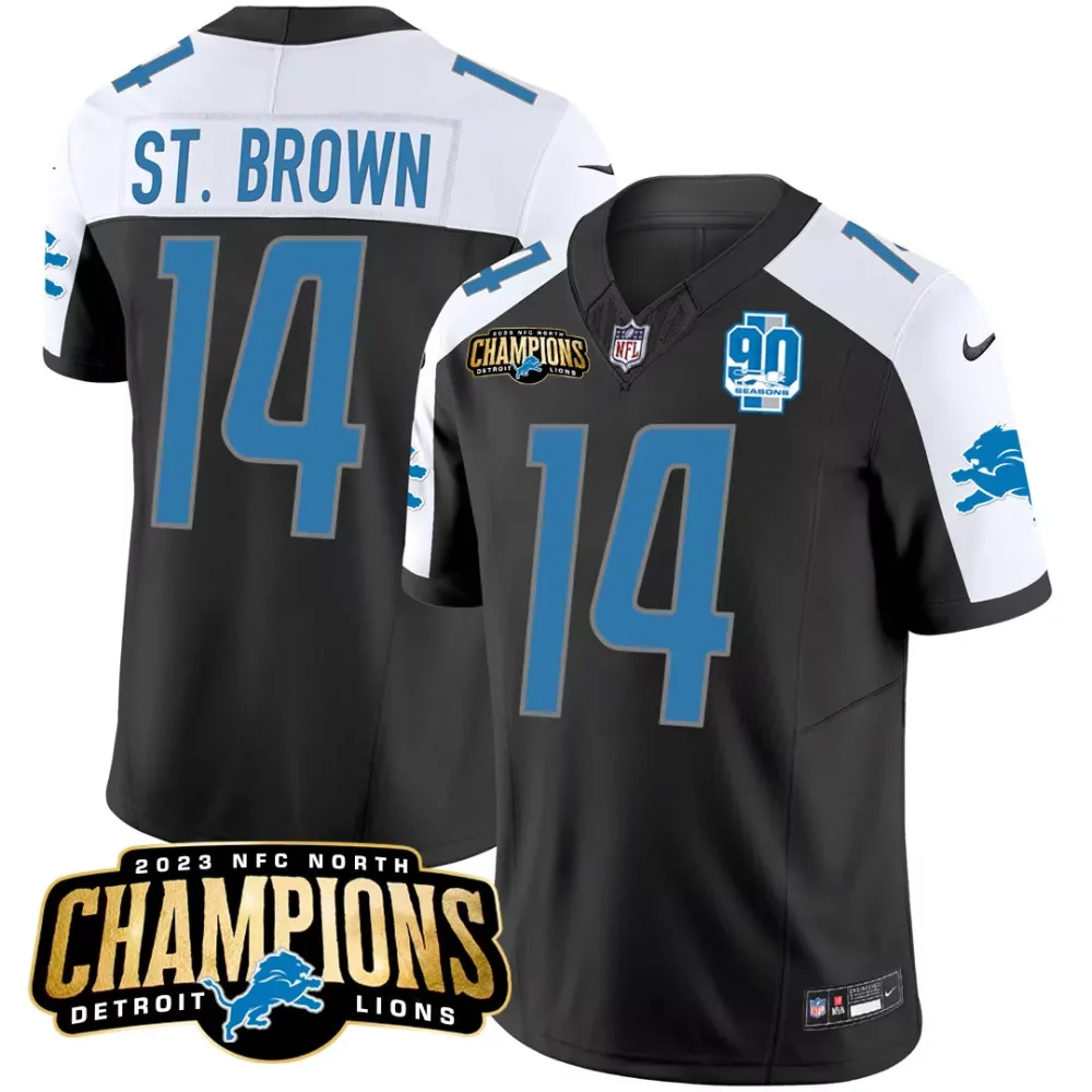 Aamaris Brown 14 Detroit Lions Jersey Black 90 Seasons 2023 NFC North Champions Men