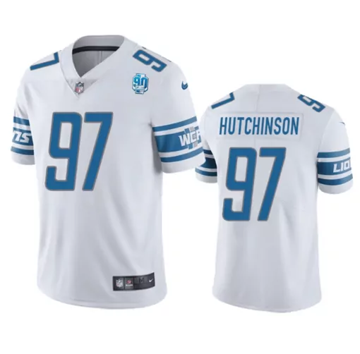 Aidan Hutchinson 97 Lions Jersey White 90th Anniversary Men Blue Silver Vapor Stitched