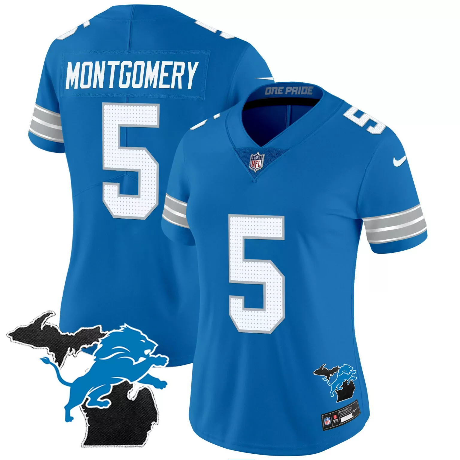 David Montgomery 5 Detroit Lions Jersey Blue Women Player White Silver All Stitched