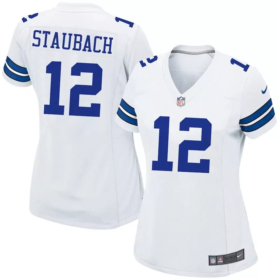 Roger Staubach 12 Dallas Cowboys Jersey White Women Blue Retired Game