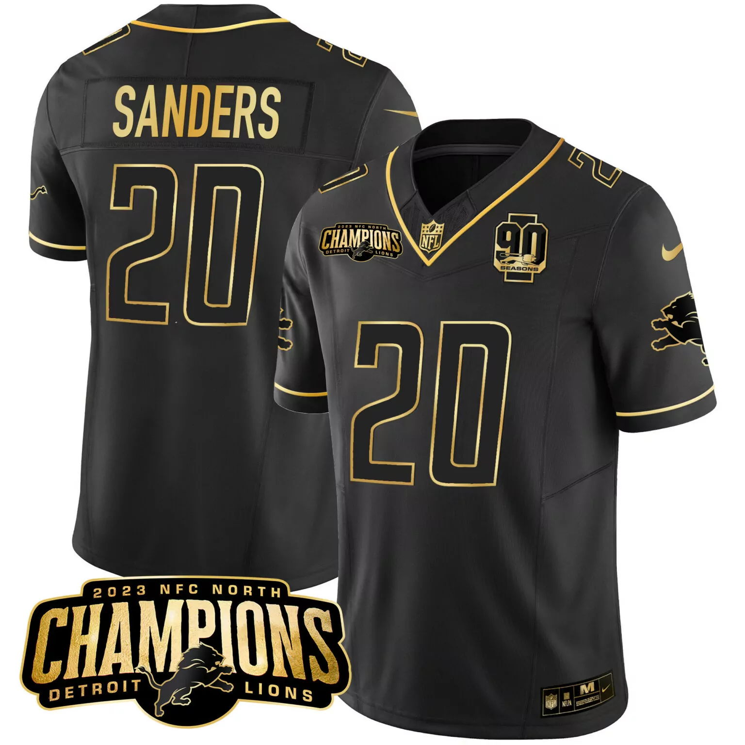 Barry Sanders 20 Detroit Lions Jersey Black 2023 NFC North Champions 90 Seasons Men