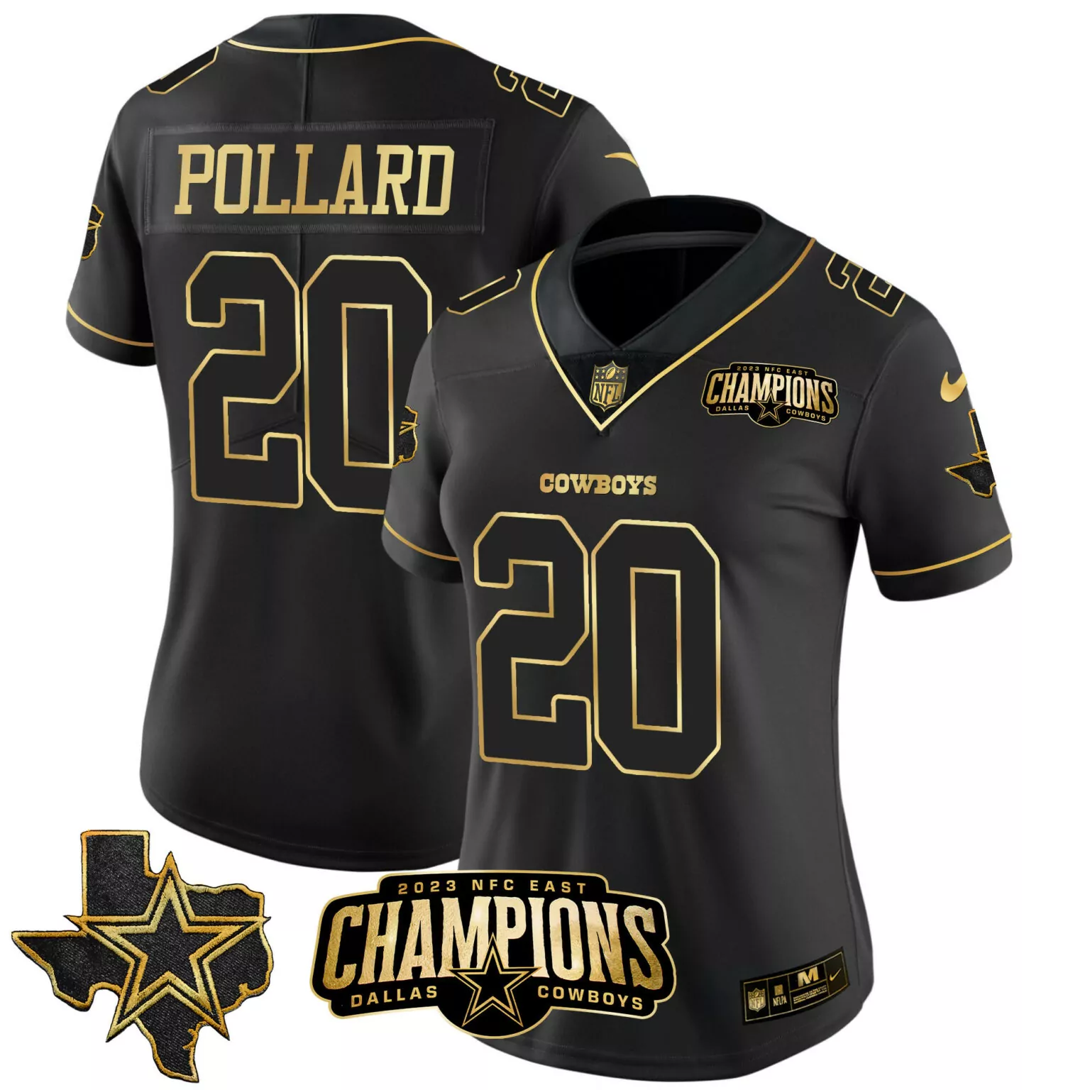 Tony Pollard 20 Cowboys Jersey Black 2023 NFC East Champions Men Gold All Stitched