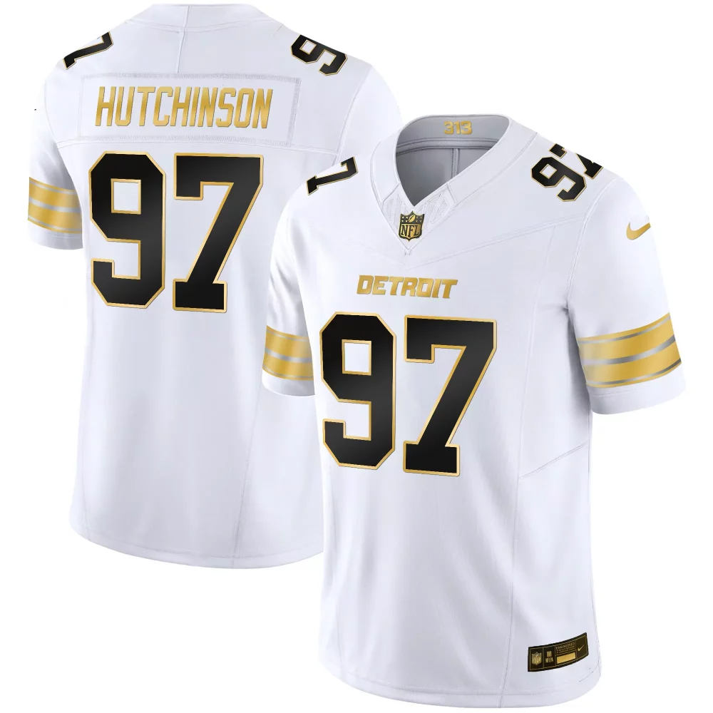 Aidan Hutchinson 97 Detroit Lions Jersey White Men Alternate Black Gold Vapor Limited