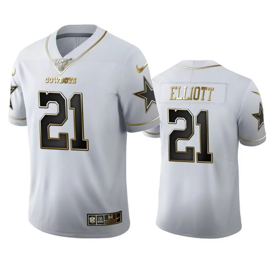 Ezekiel Elliott 21 Cowboys Jersey White Men Alternate Gold Black
