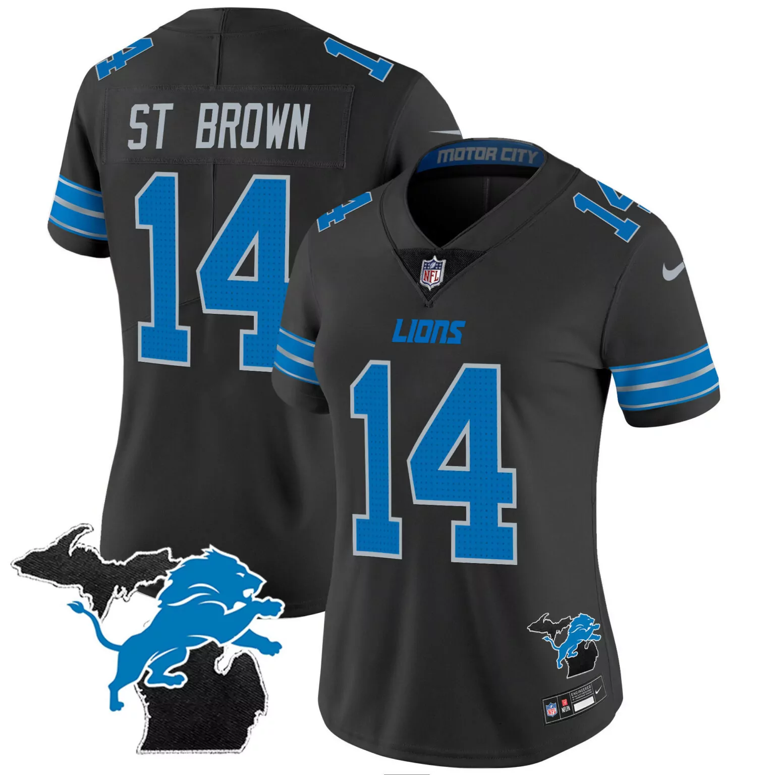 St Brown 14 Lions Jersey Black Motor City Women Standard Blue Silver All Stitched