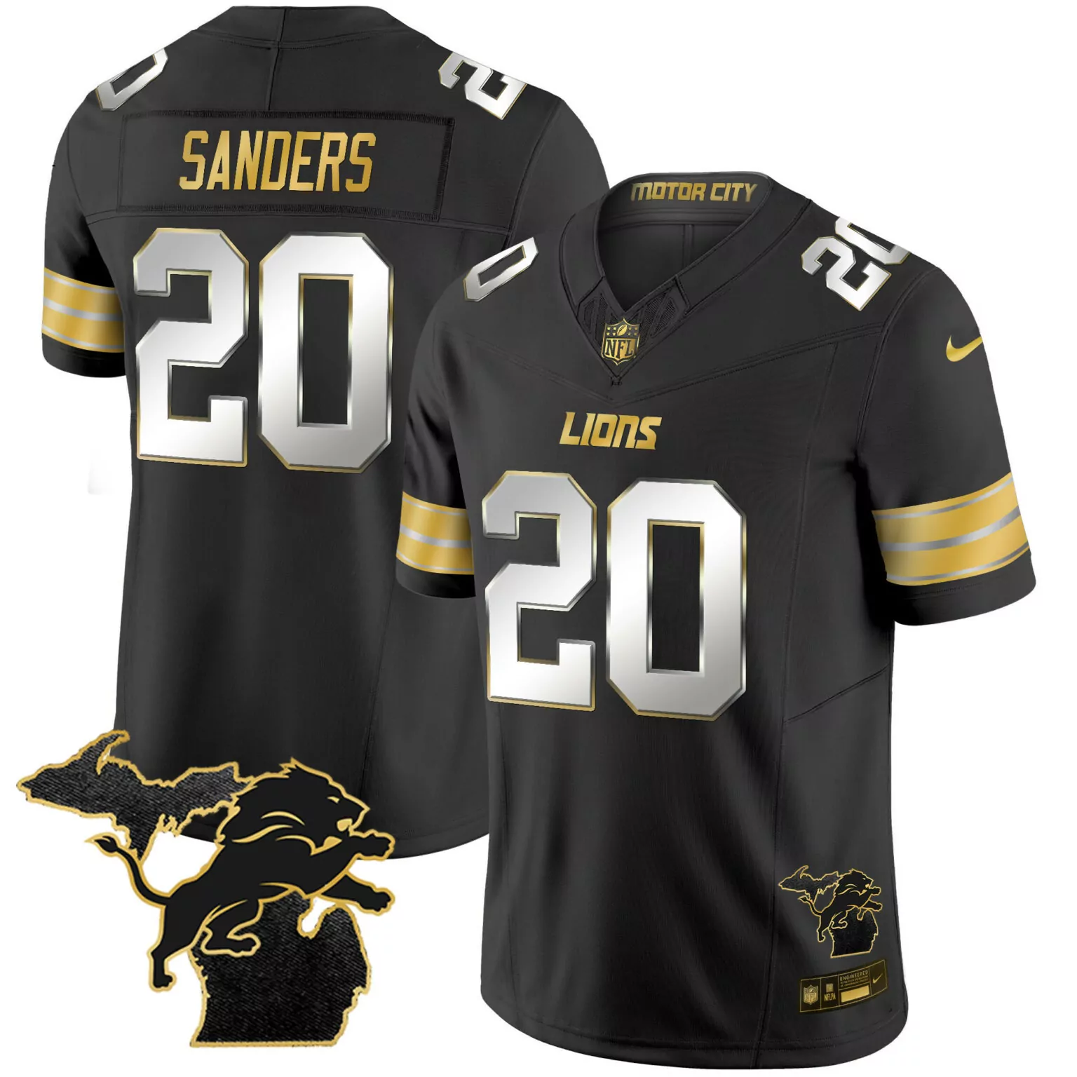 Barry Sanders 20 Lions Jersey Black Motor City Men Alternate Custom Design Gold Silver