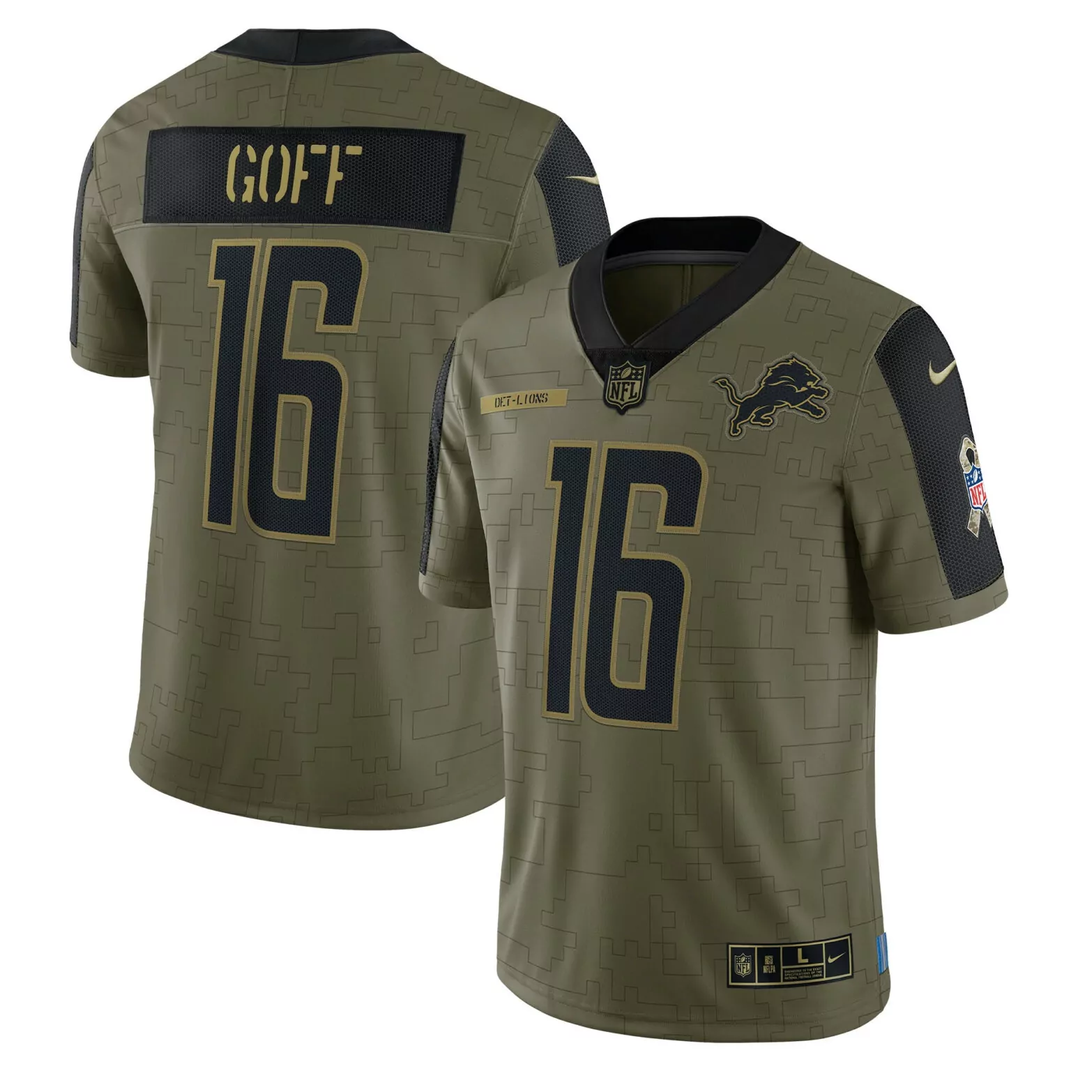 Jared Goff 16 Lions Jersey Olive Green Salute To Service Nflpa Men Authentic Alternate