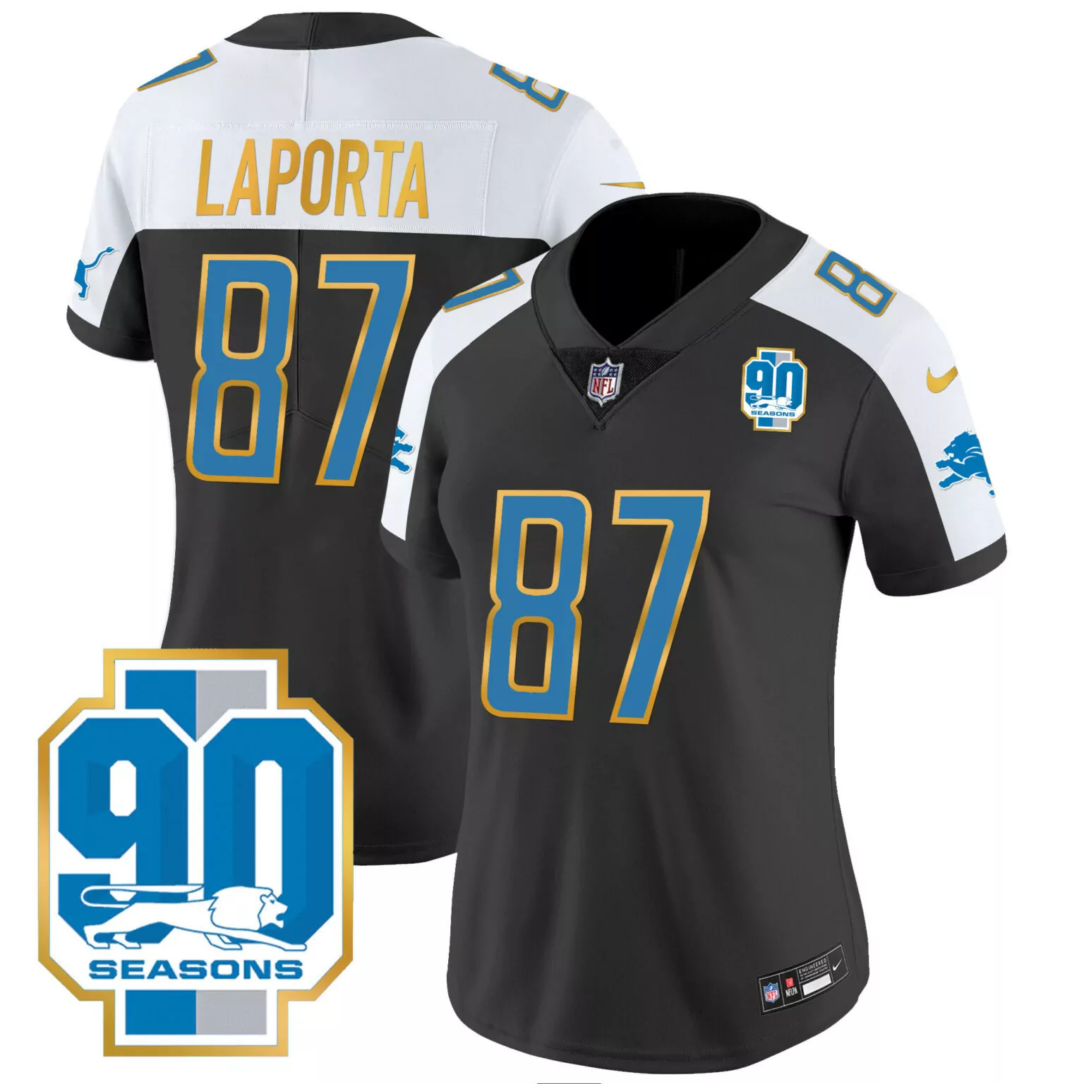 Sam Laporta 87 Lions Jersey Black 90 Seasons Men Replica White Blue Gold Alternate