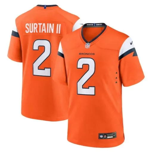Patrick Surtain 2 Broncos Jersey Orange Men White Navy Blue Collection Game