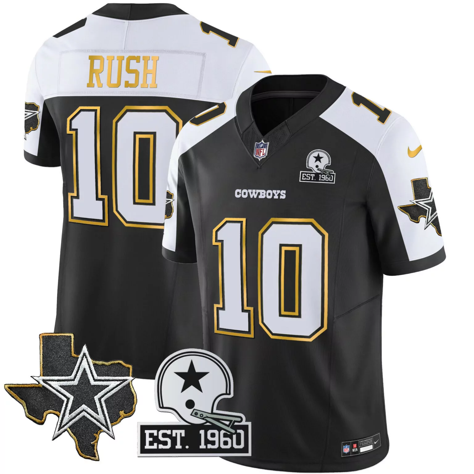Cooper Rush 10 Cowboys Jersey Black Est. 1960 Texas Star Helmet Men Replica Alternate