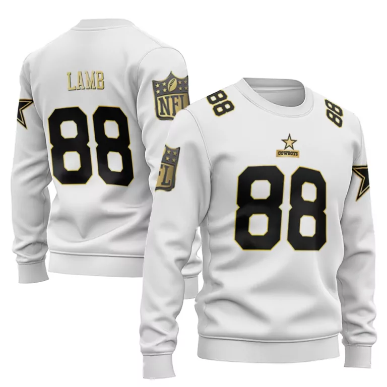 Ceedee Lamb 88 Cowboys Jersey White Men Crewneck Sweatshirt Black Gold Throwback