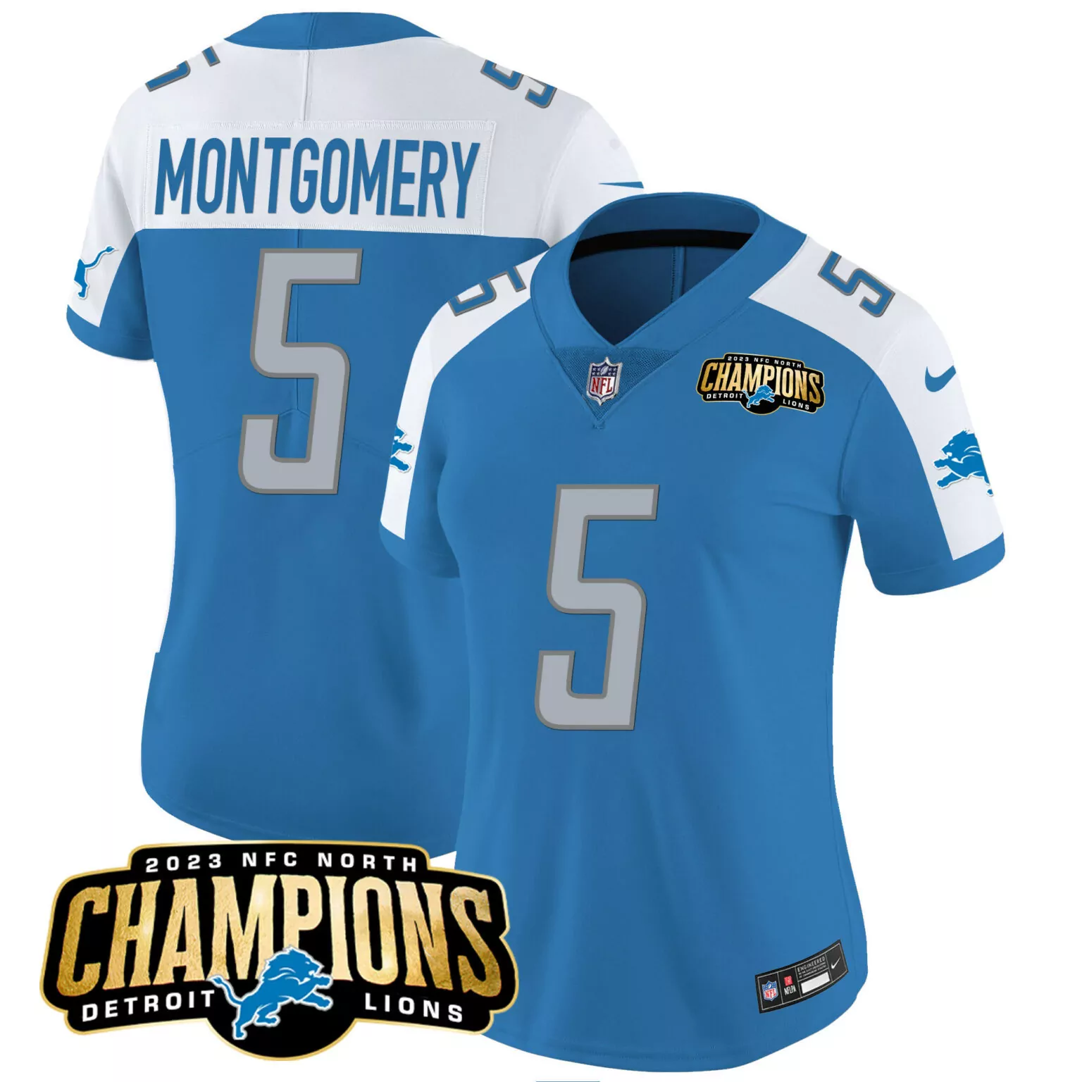 David Montgomery 5 Detroit Lions Jersey Blue 2023 NFC North Champions Men Replica