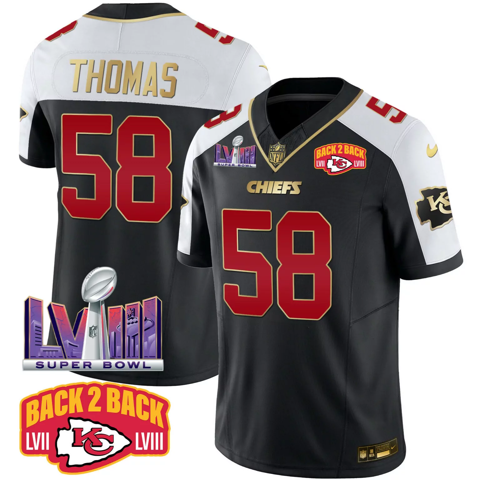 Derrick Thomas 58 Chiefs Jersey Black Back 2 Super Bowl Lviii Men Split Design White