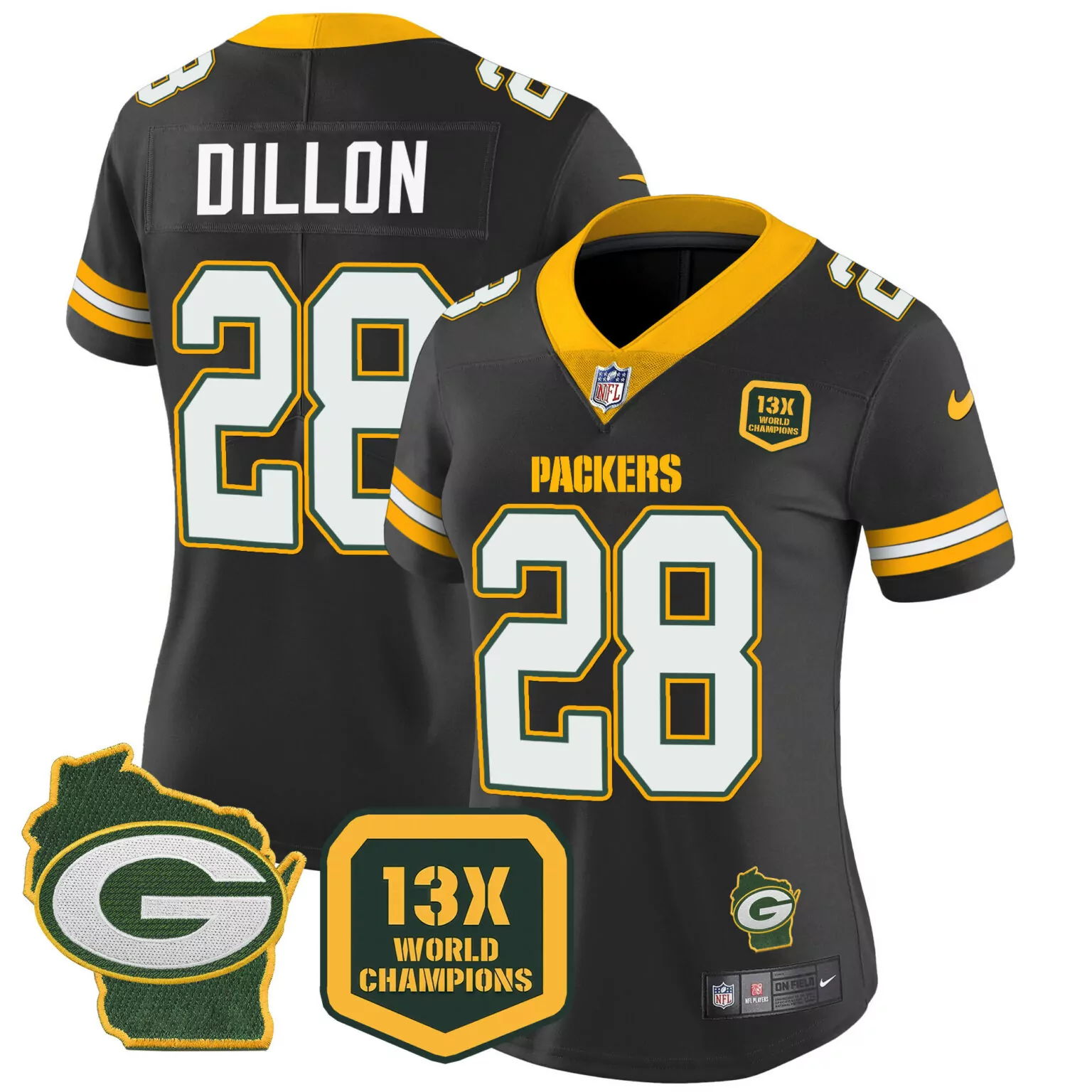 Aj Dillon 28 Packers Jersey Black 13x World Champions Wisconsin Outline Badge Men