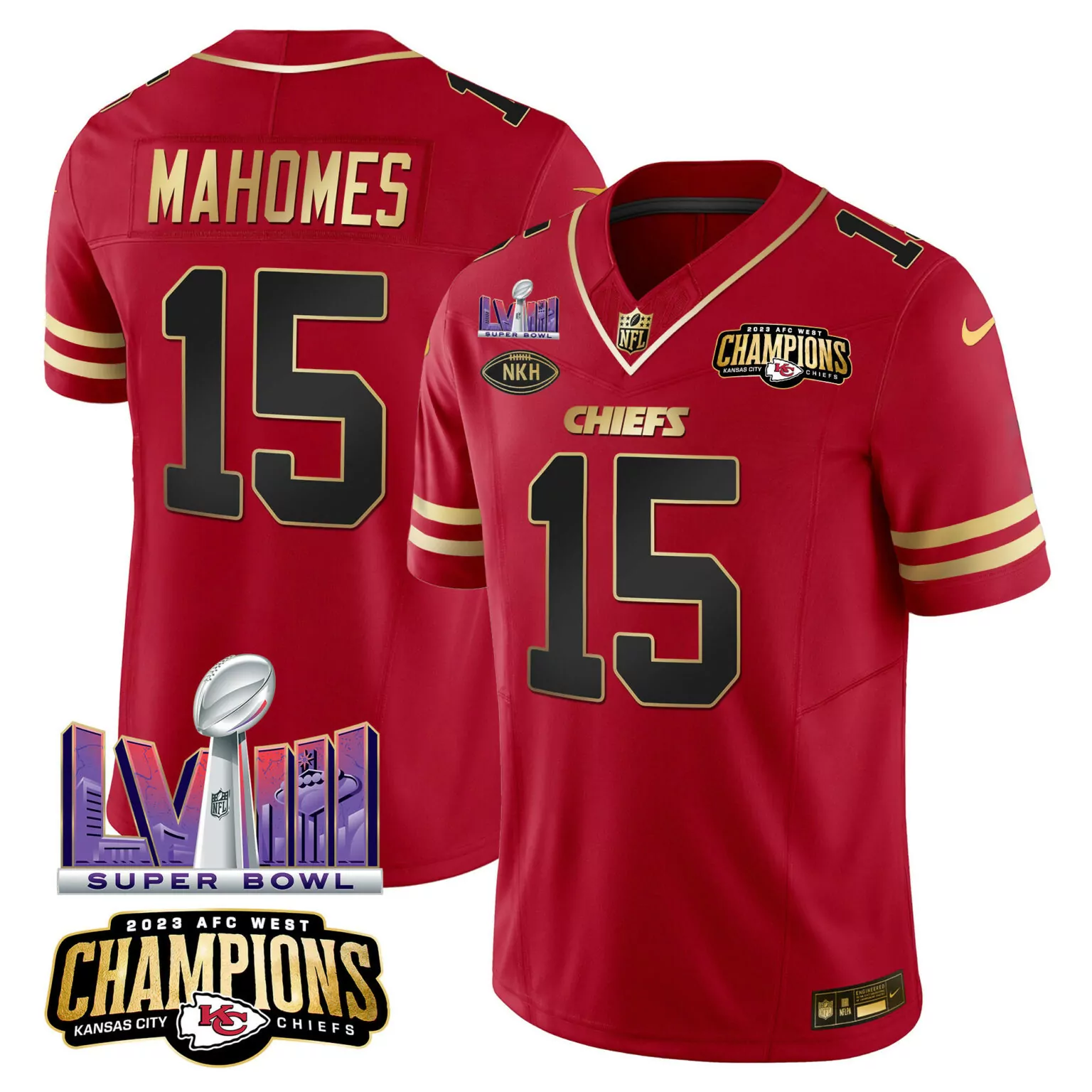 Patrick Mahomes 15 Jersey Red Super Bowl Lvii Champions Kansas City Chiefs 2023 AFC West
