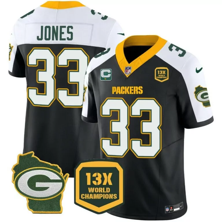 Aaron Jones 33 Packers Jersey Black 13X World Champions Wisconsin Outline 'g' Badge