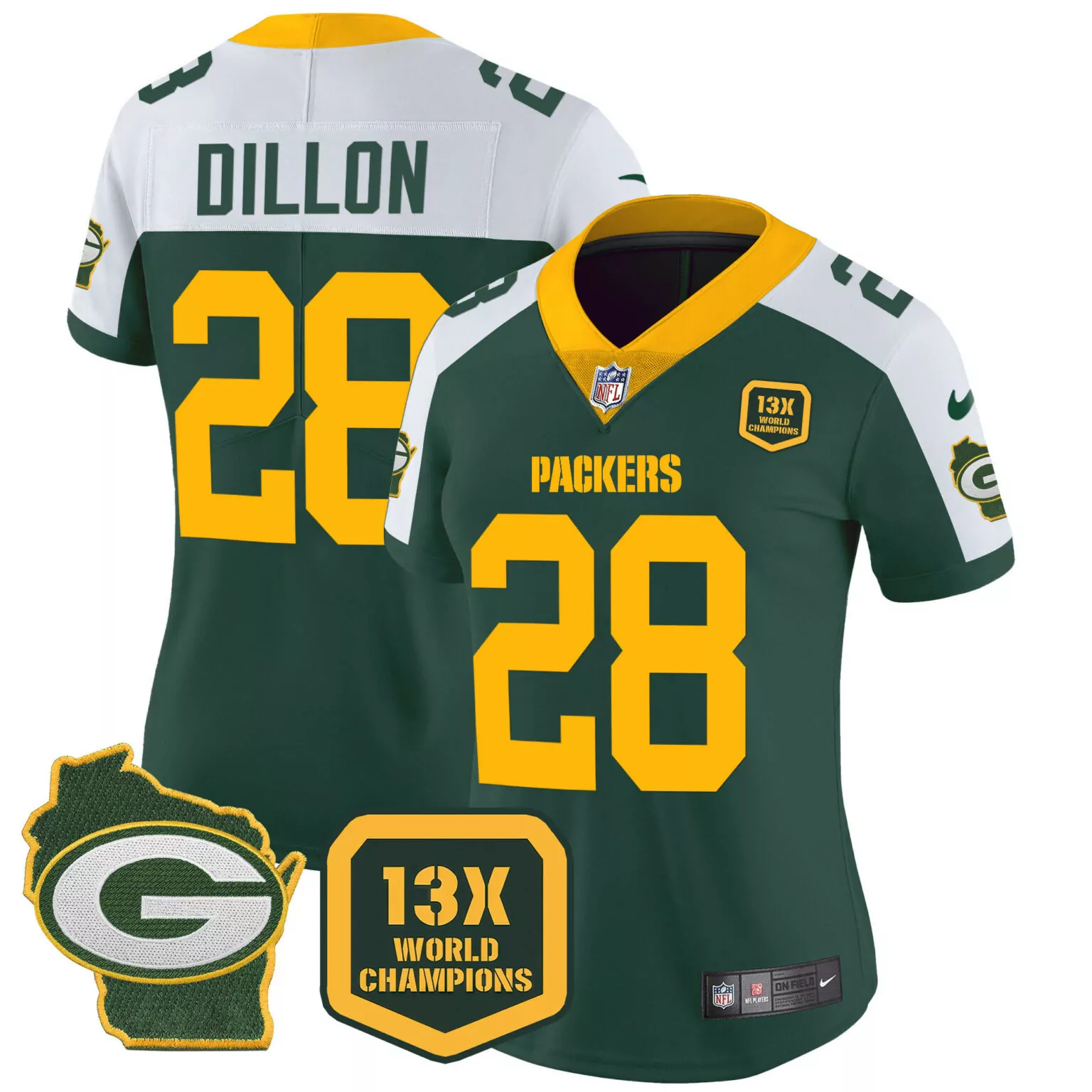 Aj Dillon 28 Packers Jersey Green 13x World Champions Wisconsin State Men Replica