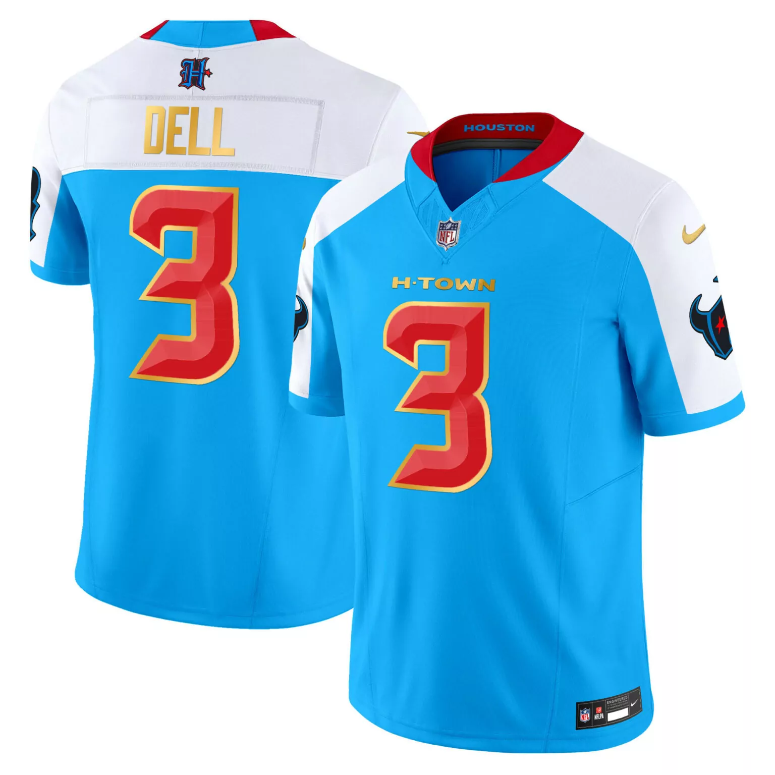 Tank Dell 3 Houston Texans Jersey Blue Nflpa Men Split Alternate Design White Red