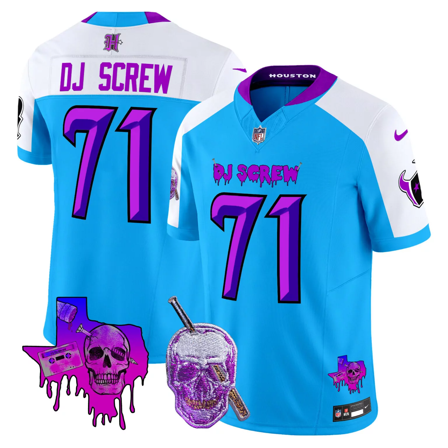 Screw Dj 71 Houston Texans Jersey Sky Blue Skull Cassette Tape Men NFL Alternate