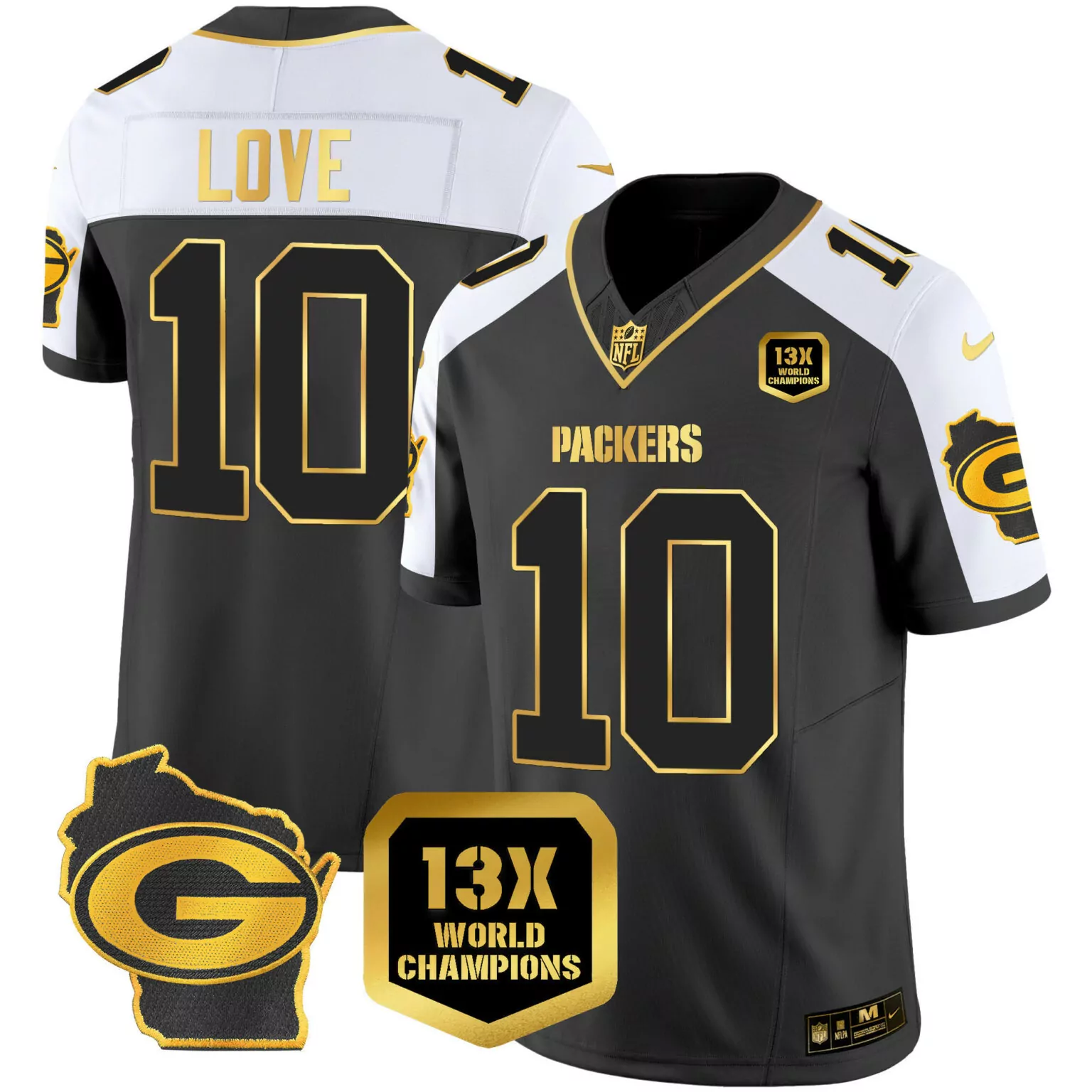 Love 10 Packers Jersey Black 13x World Champions Wisconsin State Outline Men Alternate