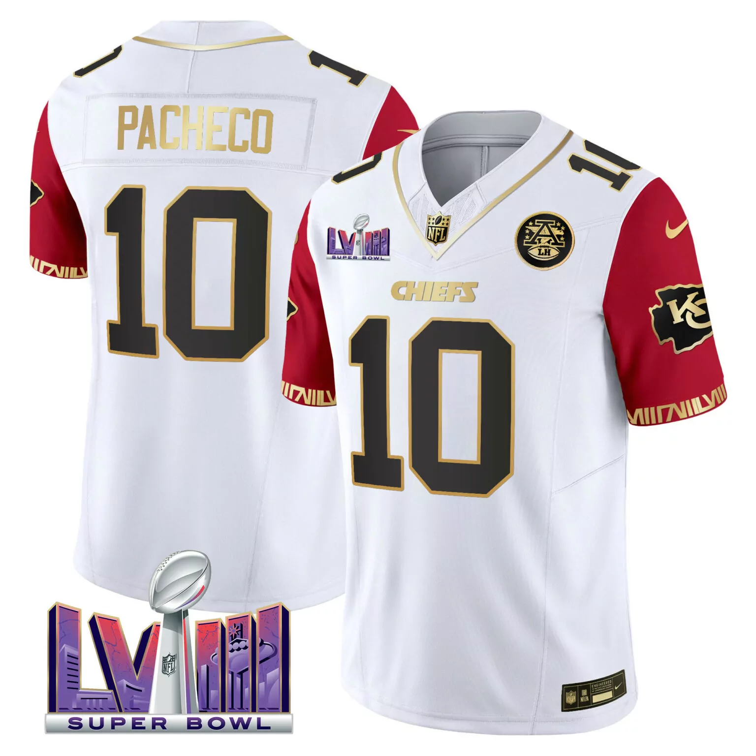Isiah Pacheco 10 Chiefs Jersey White Super Bowl Lviii Men Alternate Split Design