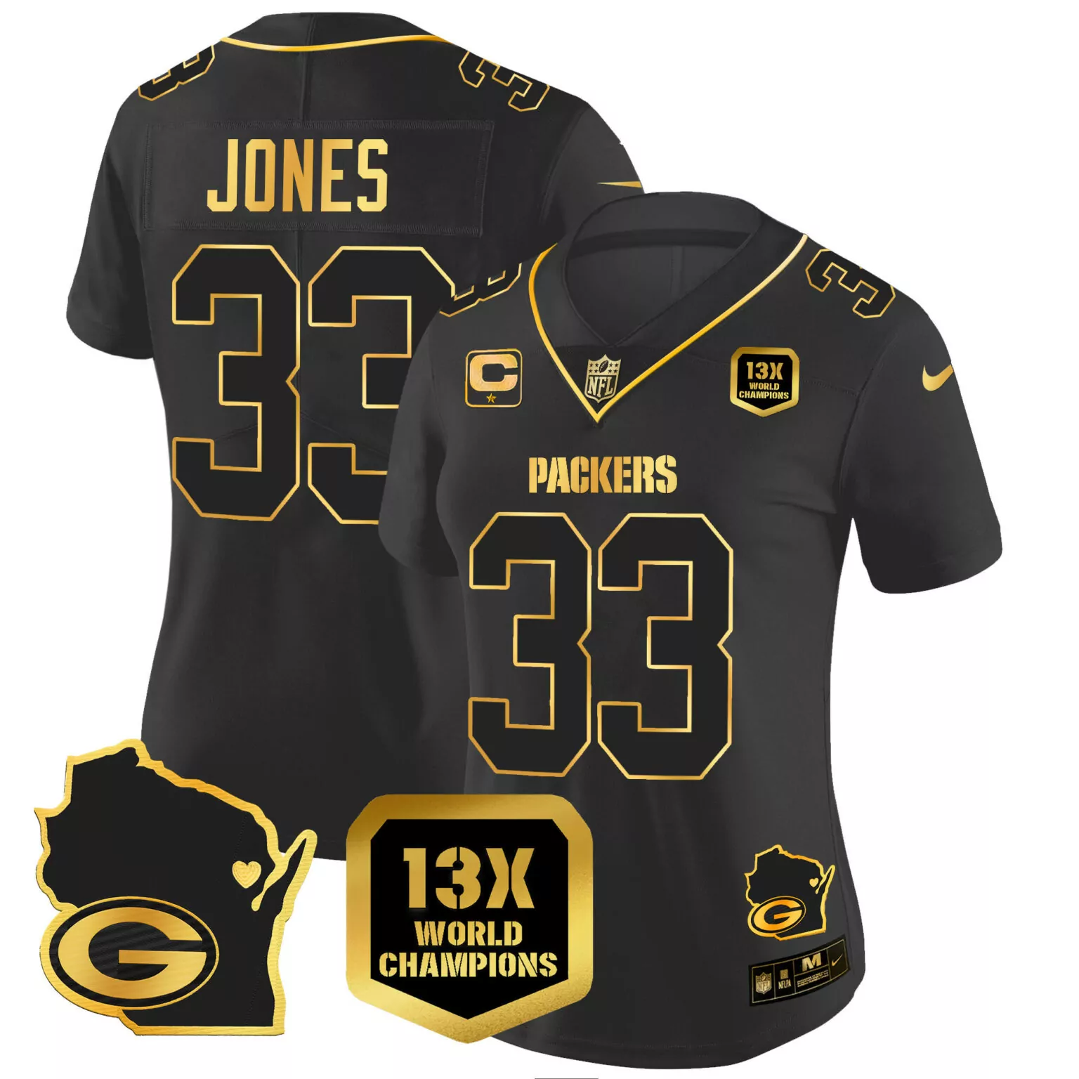 Aaron Jones 33 Packers Jersey Black 13x World Champions Badge Wisconsin Outline Men