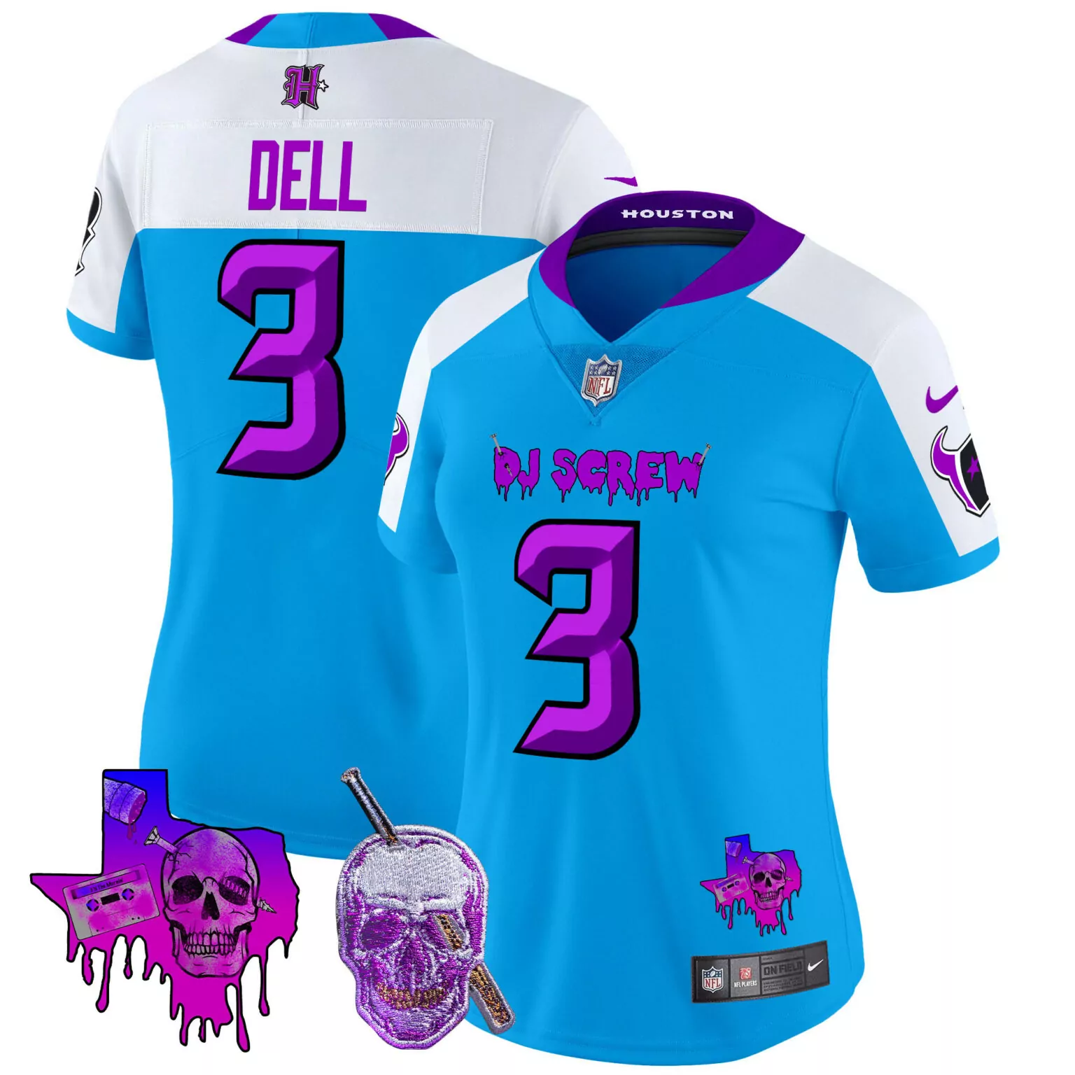 Tank Dell 3 Houston Texans Jersey Light Blue Dj Screw Skull Texas Outline Pipe Women