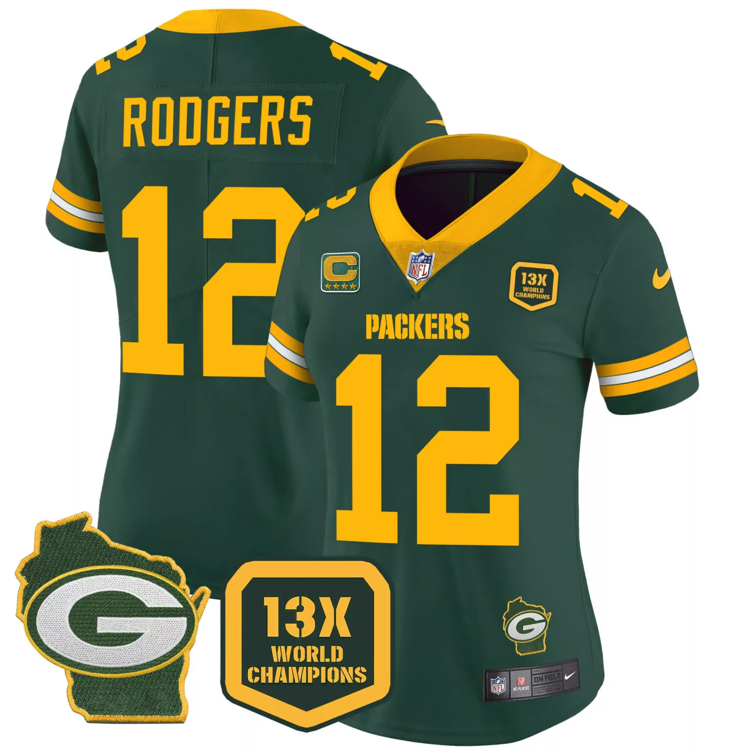 Aaron Rodgers 12 Packers Jersey Green 13x World Champions Wisconsin Shape Badge Men