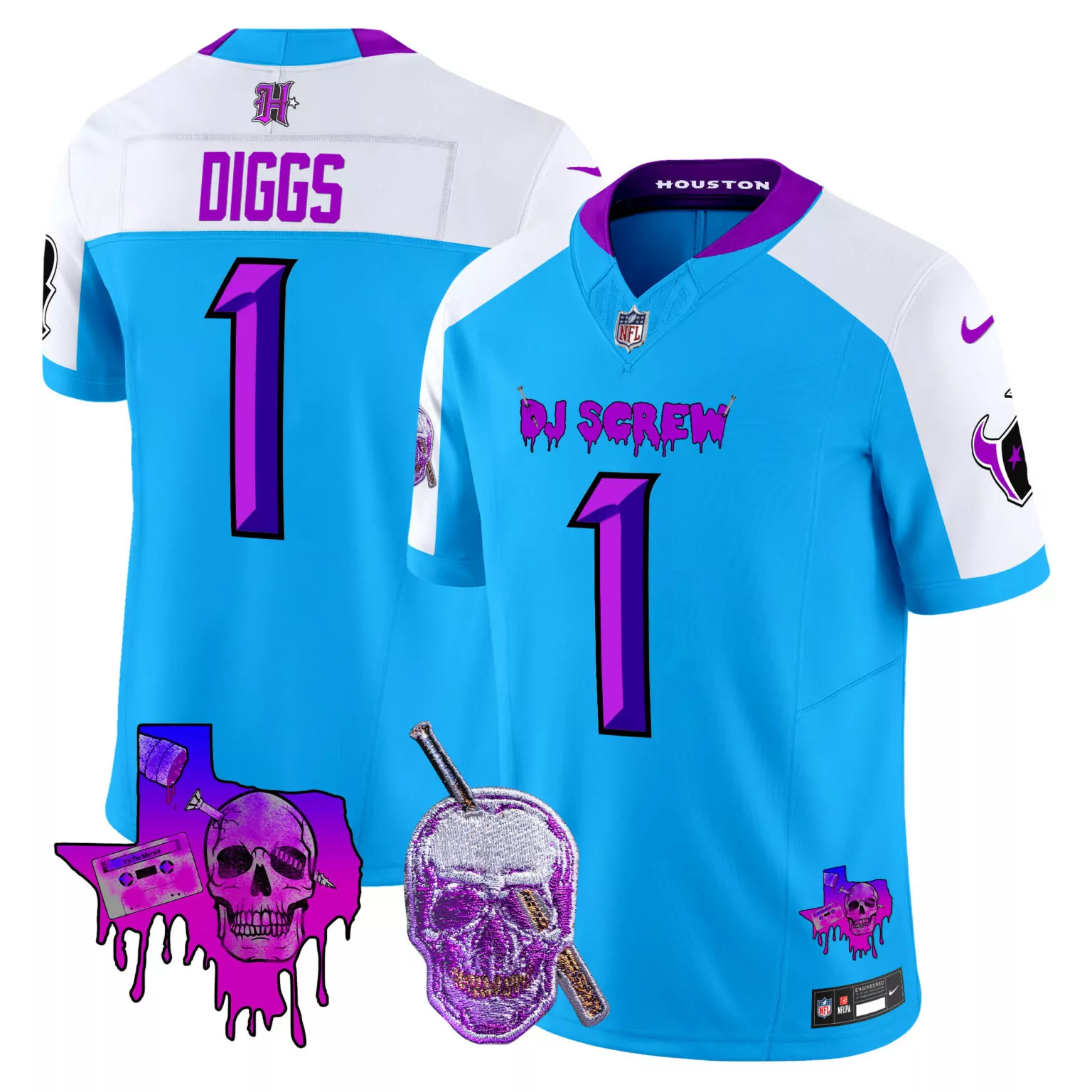Stefon Diggs 1 Houston Texans Jersey Light Blue Dj Screw Texas Map Skull 2023 Men