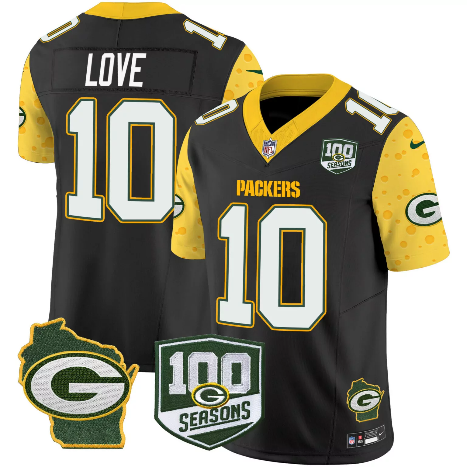 Love 10 Packers Jersey Black 100th Season Wisconsin Outline 100 Seasons Badge 2019