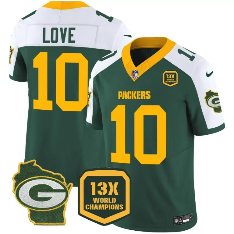 Love 10 Packers Jersey Green 13X World Champions Wisconsin Outline Men White Yellow