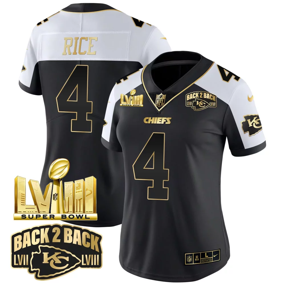 Rice 4 Chiefs Jersey Black Super Bowl Lviii Champions Lvii Women Player White Gold