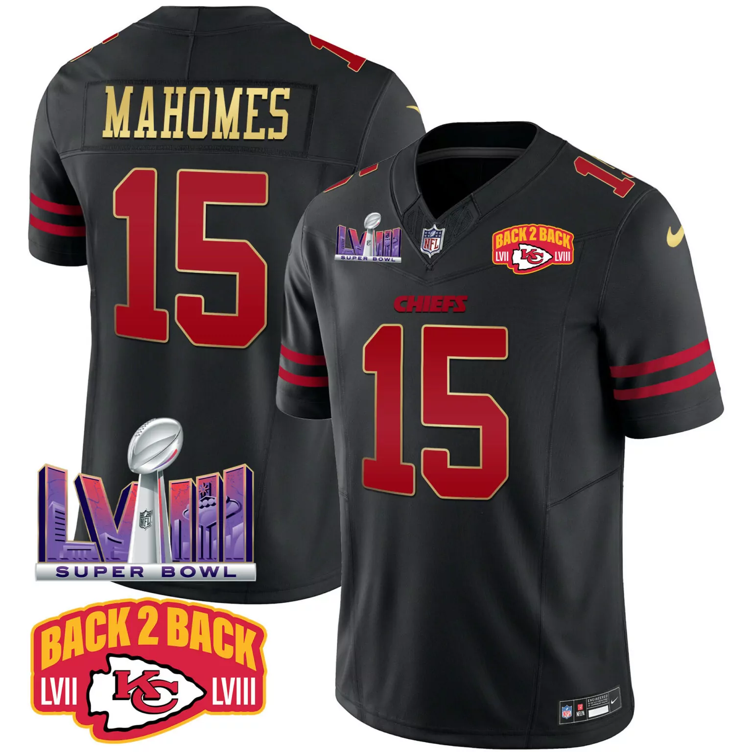 Patrick Mahomes 15 Chiefs Jersey Black Back 2 Super Bowl Lvii Lviii Men Player Red