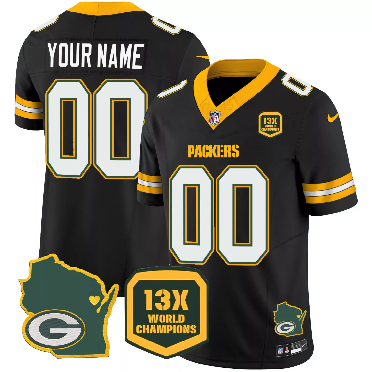 Custom Packers Jersey Black 13X World Champions Wisconsin Outline Men Official Yellow